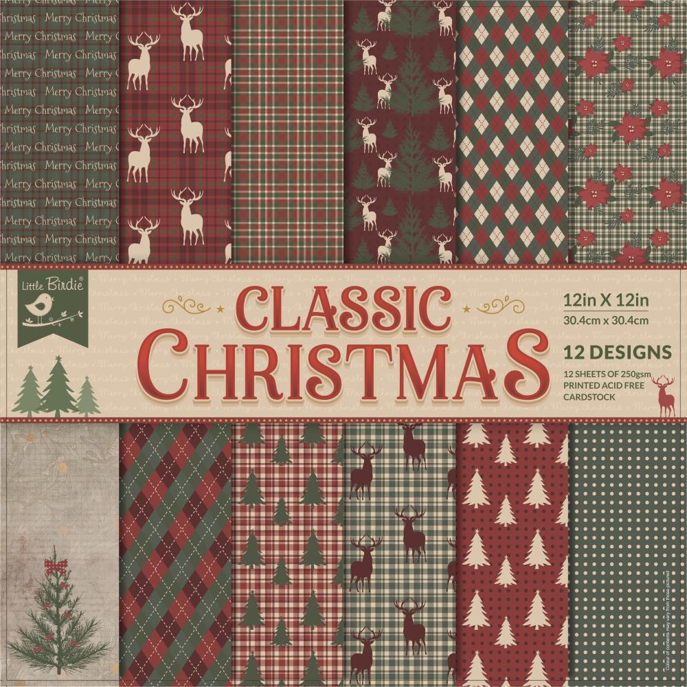 Classic Christmas Cardstock Pack 12" / Paquete de 12 Hojas de Cartulina Navideña Descontinuado Little Birdie