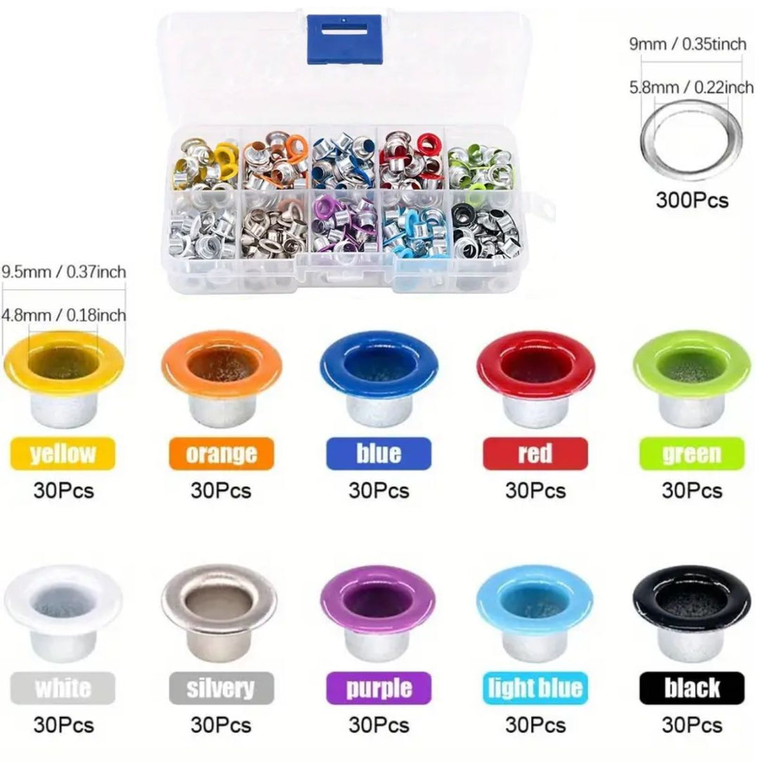 300 Ojillos Metálicos de Colores y arandelas con Estuche Eyelets, Ojilos Hobbees