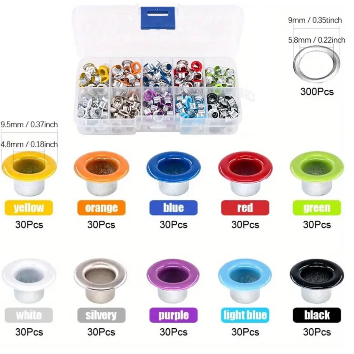 300 Ojillos Metálicos de Colores y arandelas con Estuche Eyelets, Ojilos Hobbees