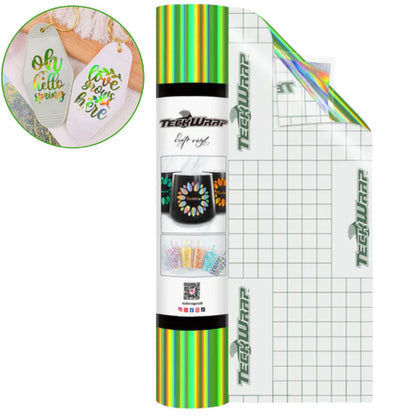 BF Holographic Rainbow Adhesive Vinyl Apple Green / Vinil Adhesivo Libre de Burbujas Arcoíris Holográfico Verde Descontinuado Teckwrap
