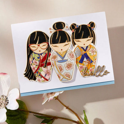 Kokeshi Dolls Press Plates &amp; Die Set / Juego De Placas De Prensa Y Suajes Muñecas Kokeshi Accesorios para Suajadoras Spellbinders
