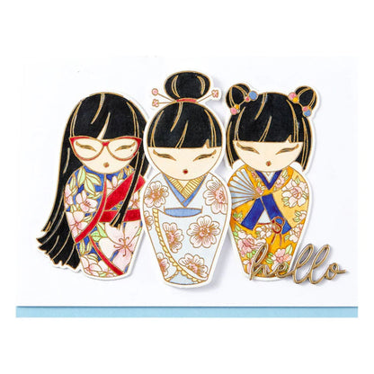 Kokeshi Dolls Press Plates &amp; Die Set / Juego De Placas De Prensa Y Suajes Muñecas Kokeshi Accesorios para Suajadoras Spellbinders