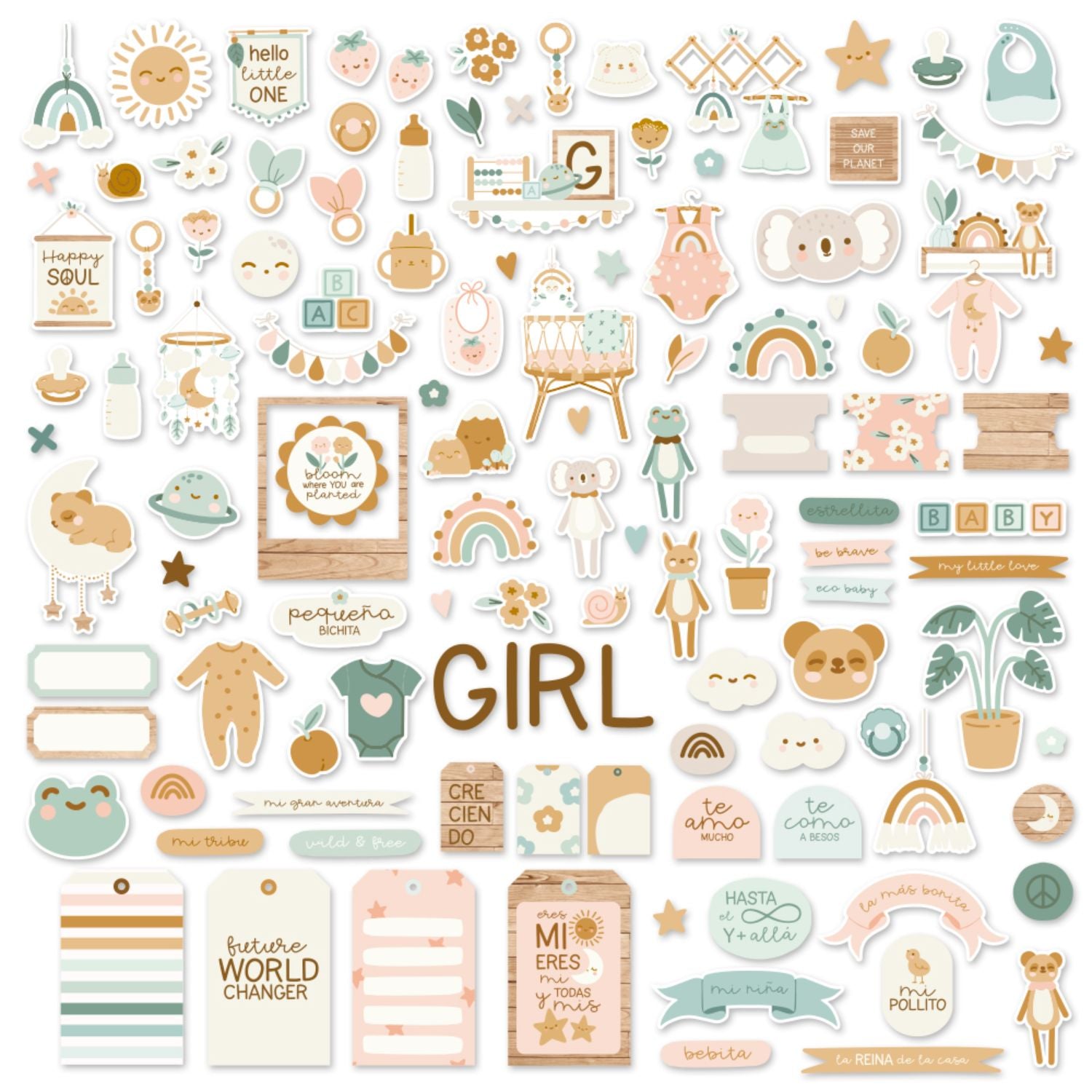 Baby Bloom Colection Chipboard Cuts / Recortes Aglomerado Niña Adornos / Embellishments Mintopía