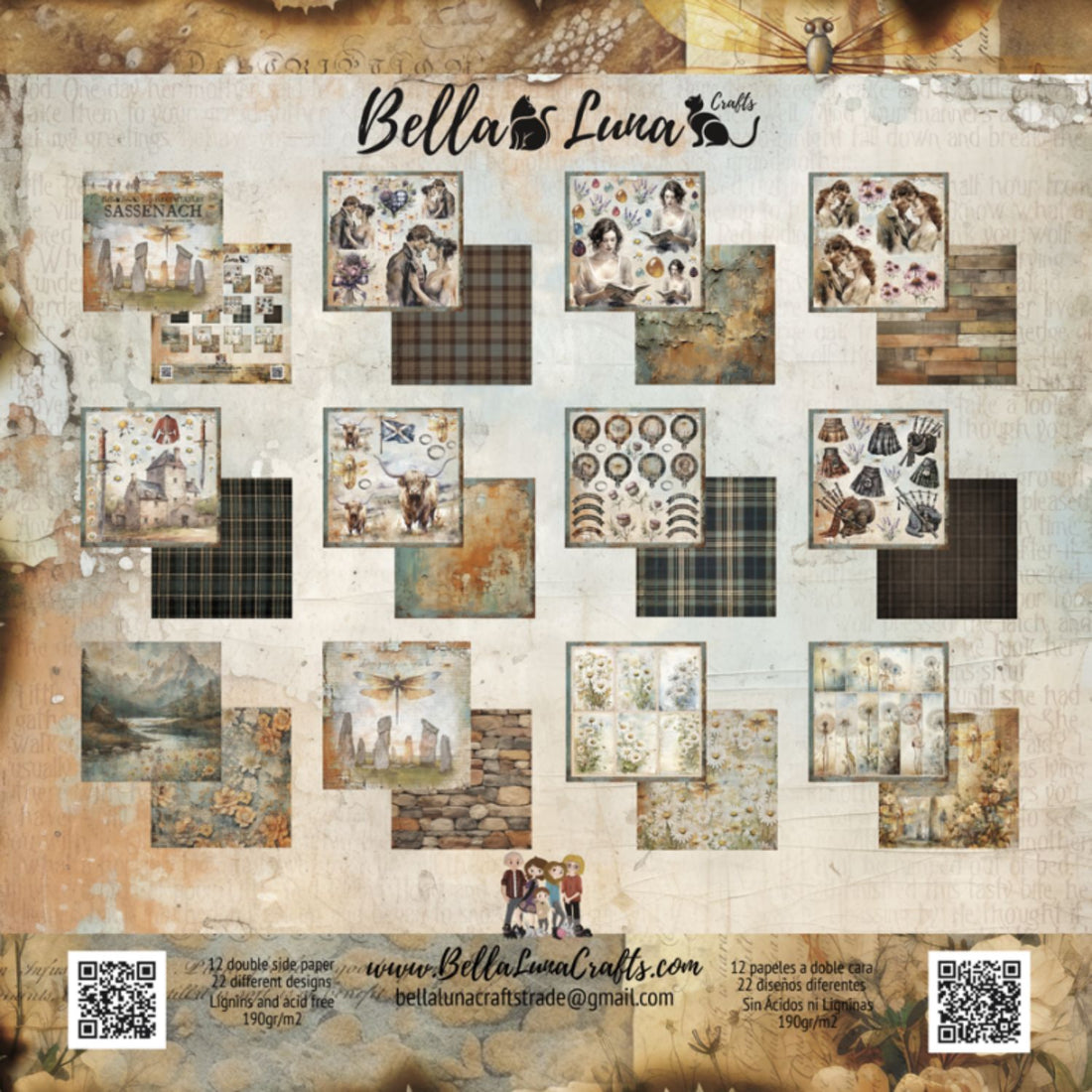Paquete 12 Papeles Sassenach Recortes 8x8" Papel Bellaluna Crafts