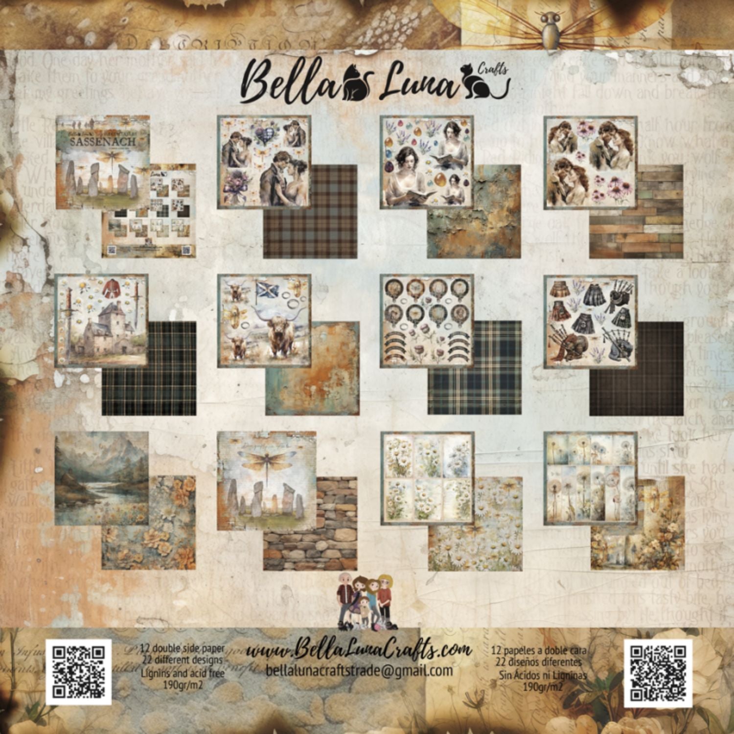 Paquete 12 Papeles Sassenach Recortes 8x8" Papel Bellaluna Crafts