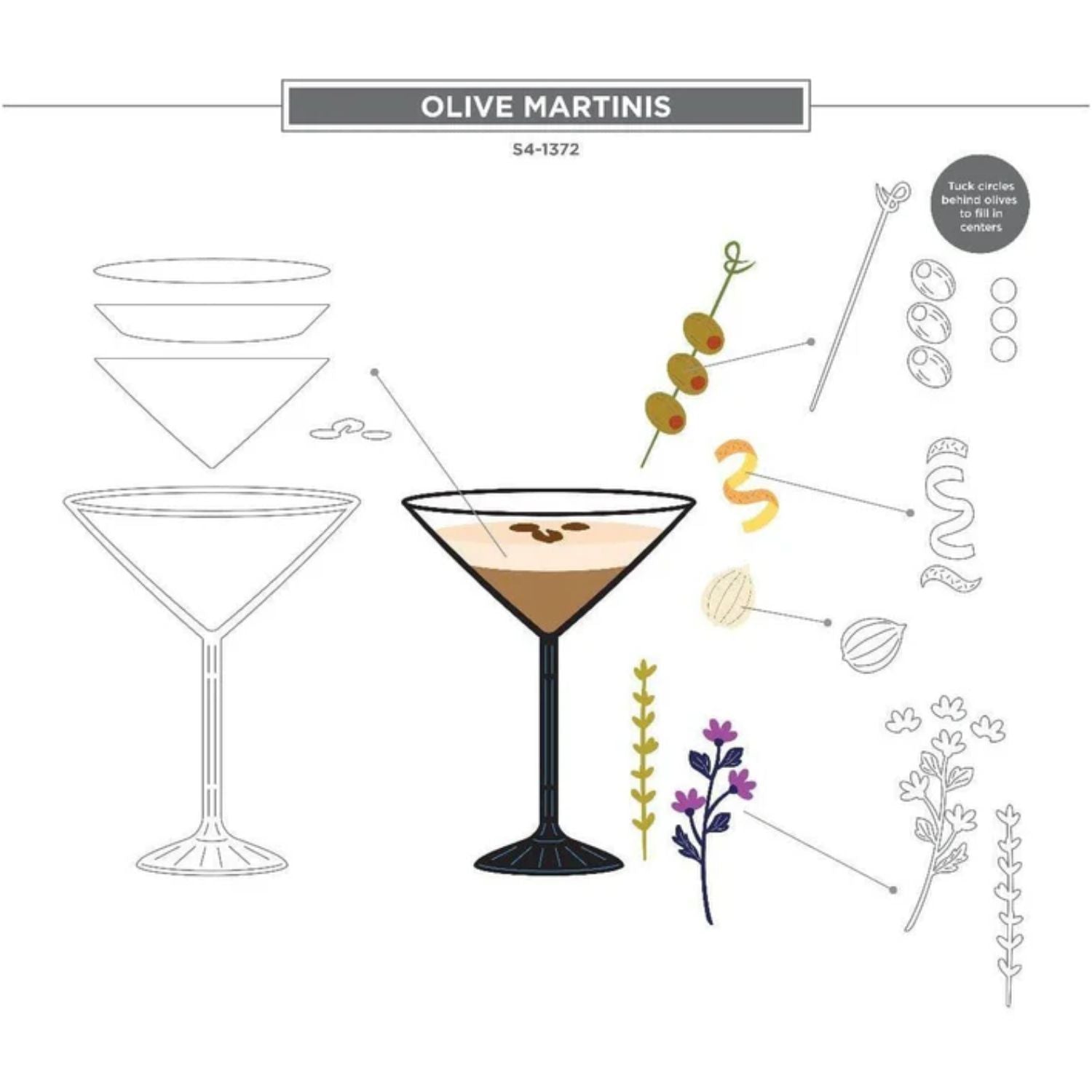 Olive Martinis Etched Dies Happy Hour / Suaje Grabado Martinis Hora Feliz Dados de Corte / Suajes / Troqueles Spellbinders