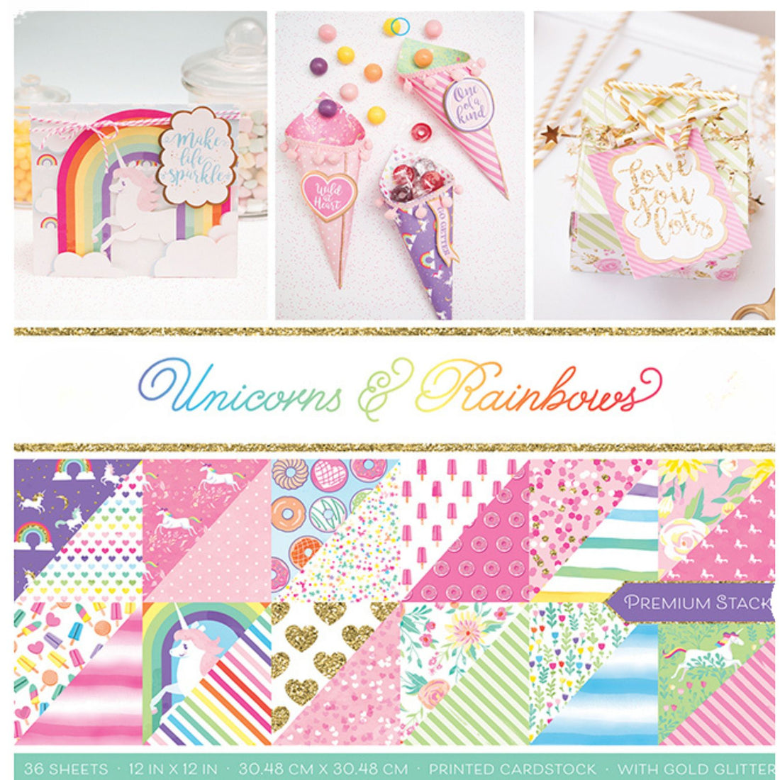 Unicorns &amp; Rainbows Gold Glitter Paper 12" / Block de Papel Doble Cara Unicornios y Arcoirirs Papel DCWV