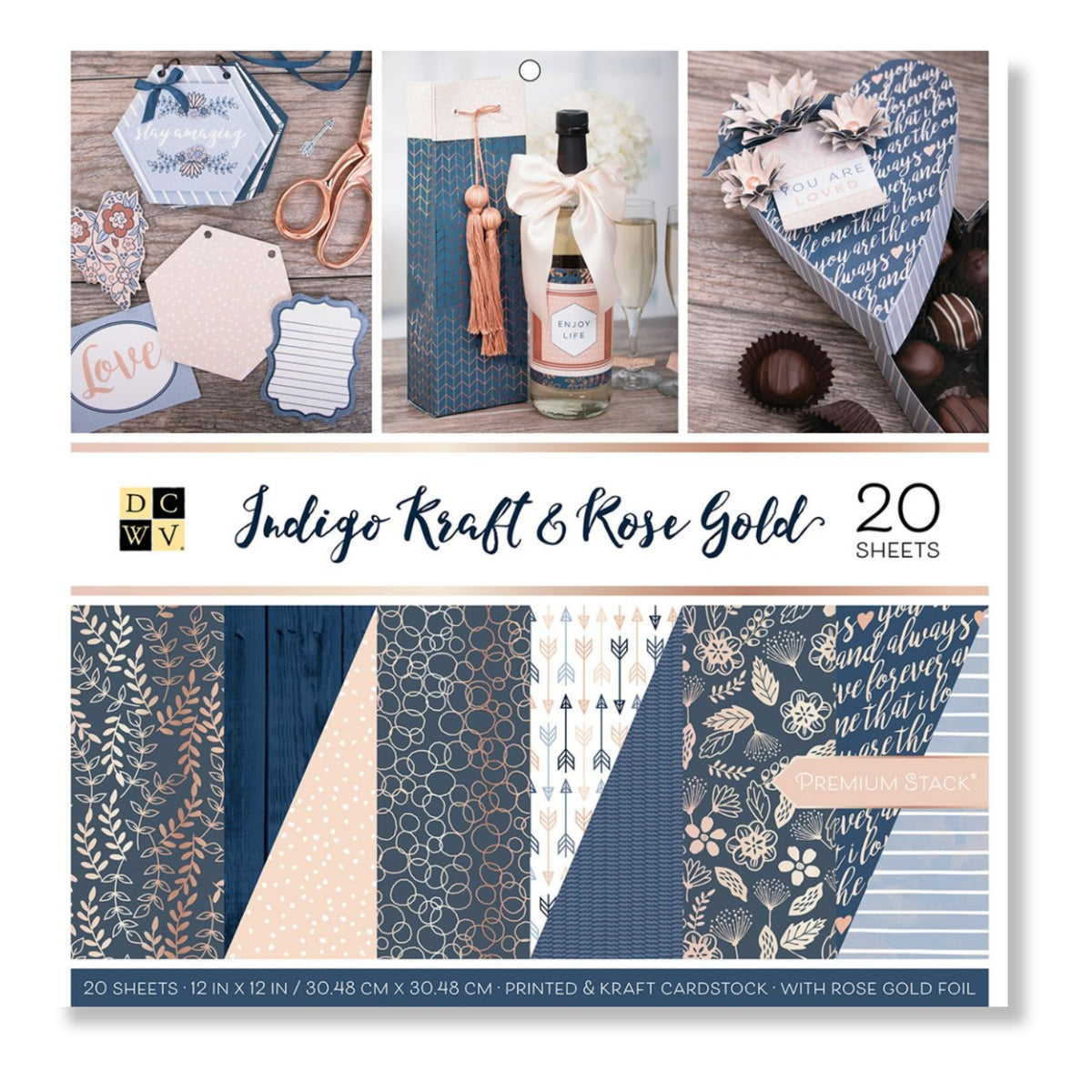 Indigo Kraft &amp; Rose Gold Paper Pad 12" / Block de Papel Indigo Papel DCWV