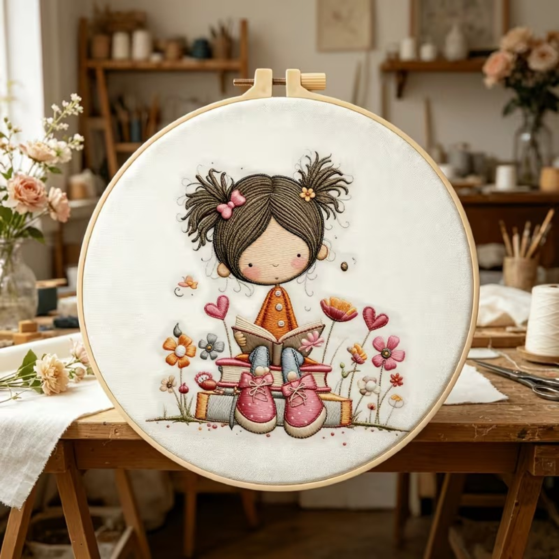 Kit Bordado Little Girl Reading Embroidery Kit  20cm
