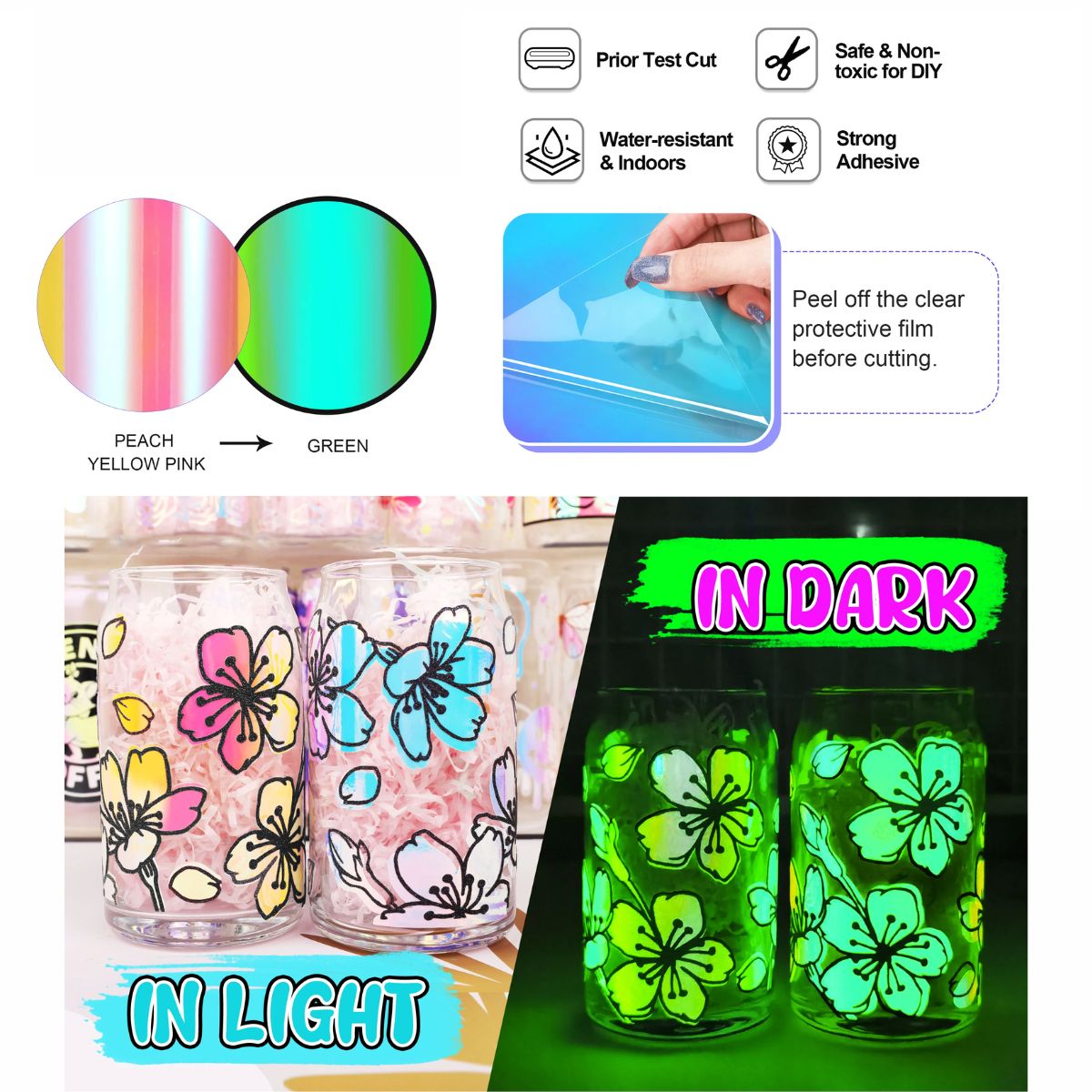 Opal Glow in the Dark Vinyl Peach Yellow Pink / Vinil Adhesivo Brilla en la Obscuridad Descontinuado Teckwrap