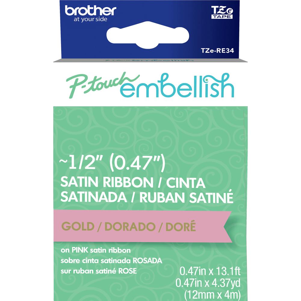 P-Touch Embellish Satin Ribbon Gold on Pink / Listón Satinado Oro sobre Rosa Descontinuado Brother