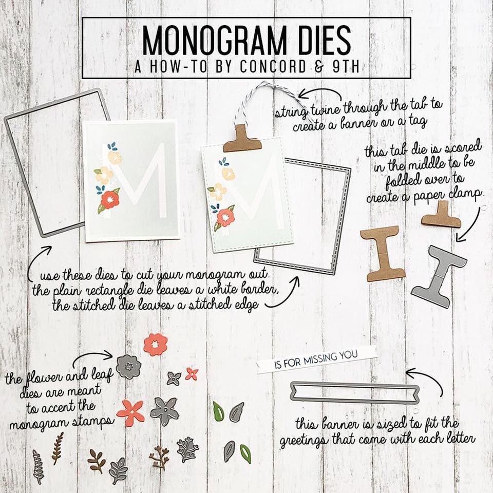 Monogram Dies / Suajes de Flores, Tarjetas y Hojas Dados de Corte / Suajes / Troqueles Concord &amp; 9th