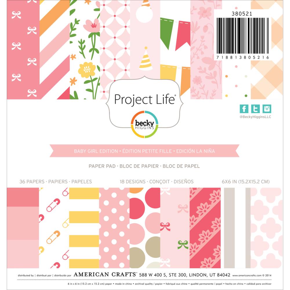 Paper Pad 6"X 6" 36/Pkg Baby Girl / Papel de Niña Bebé Descontinuado Project Life