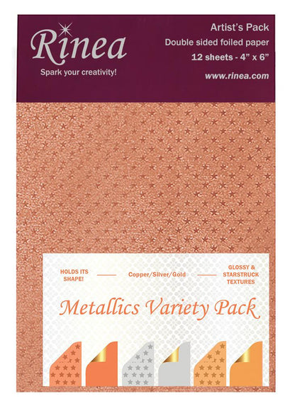 Metallics Foiled Papers 4"x6" / 12 Hojas de Papel Tipo Alumino Doble Cara Metálicos Papel Rinea