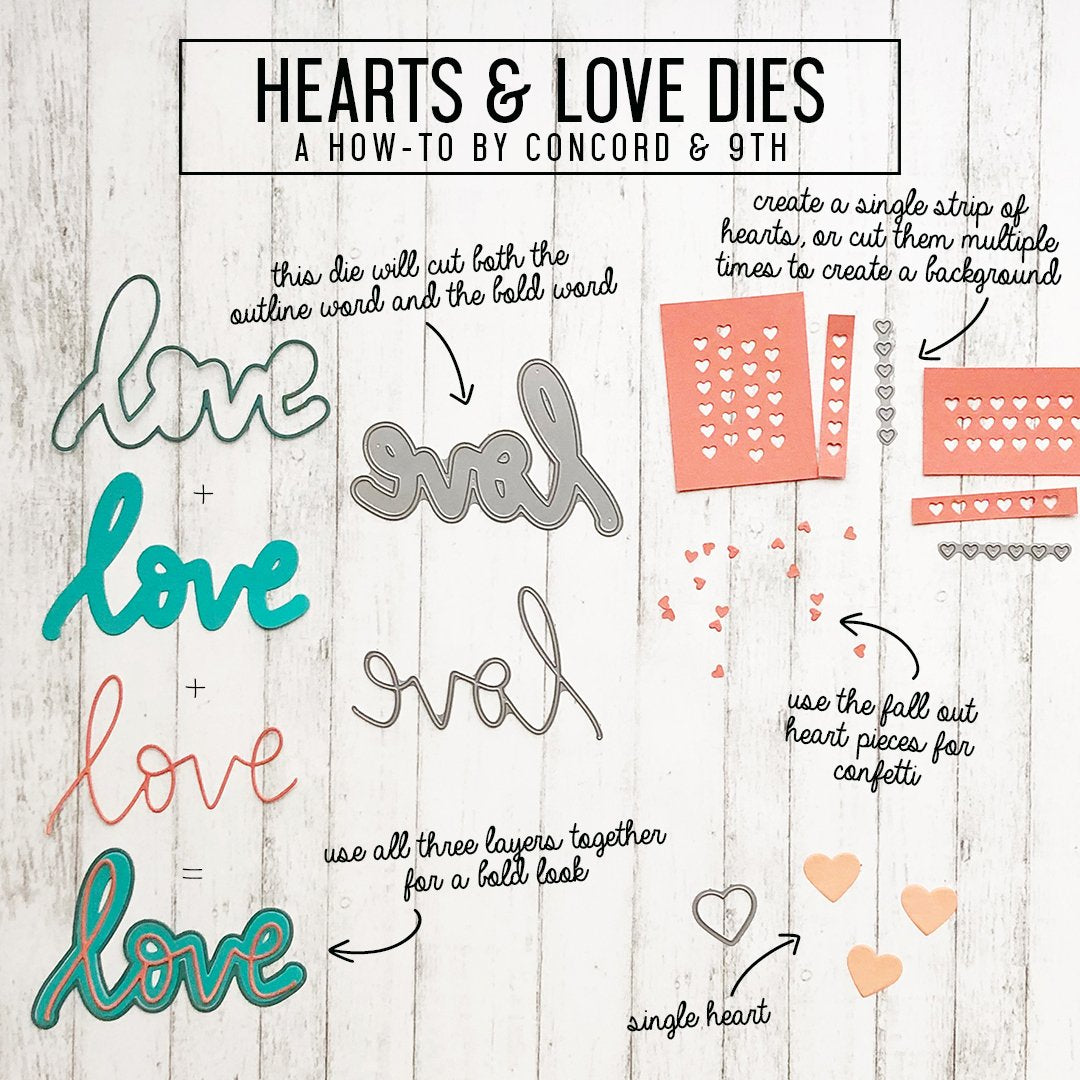Heart &amp; Love Dies / Suajes de Corazón y Love Dados de Corte / Suajes / Troqueles Concord &amp; 9th